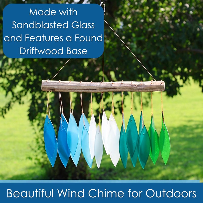 Gift Essentials Blue Handworks Gradient Ocean Waterfall & Driftwood Glass Leaves Chime - Sandblasted Glass and Found Wood Handcrafted Wind Chime - Image 3